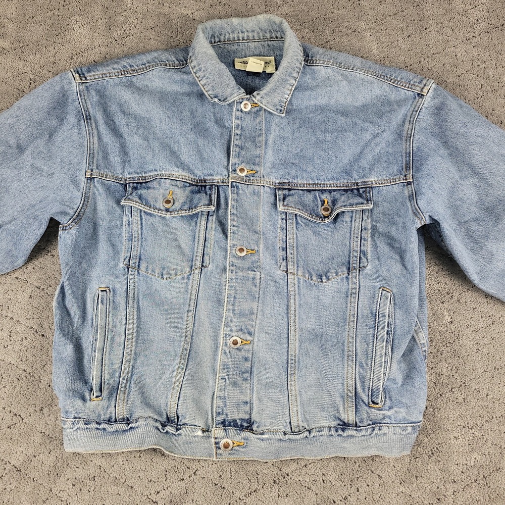 Vintage Eddie Bauer Jacket Mens L Blue Denim Trucker Button Up Medium Wash